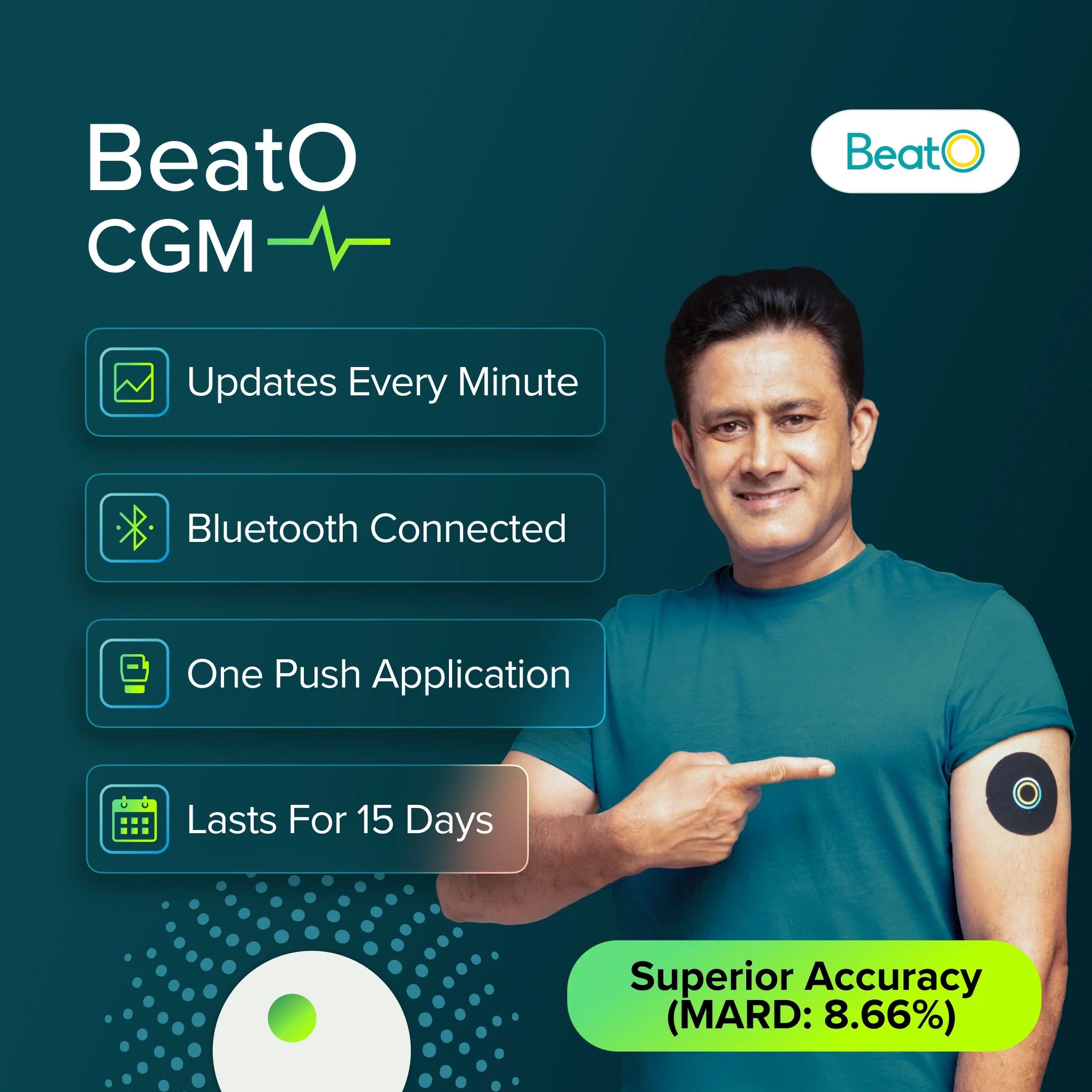 BeatO CGM Glucose Monitor for diabetes | Bluetooth Connected CGM Sugar Test Machine for home | 15-Day Glucose Tracking | No-Scan, One-Push Application - Image 3