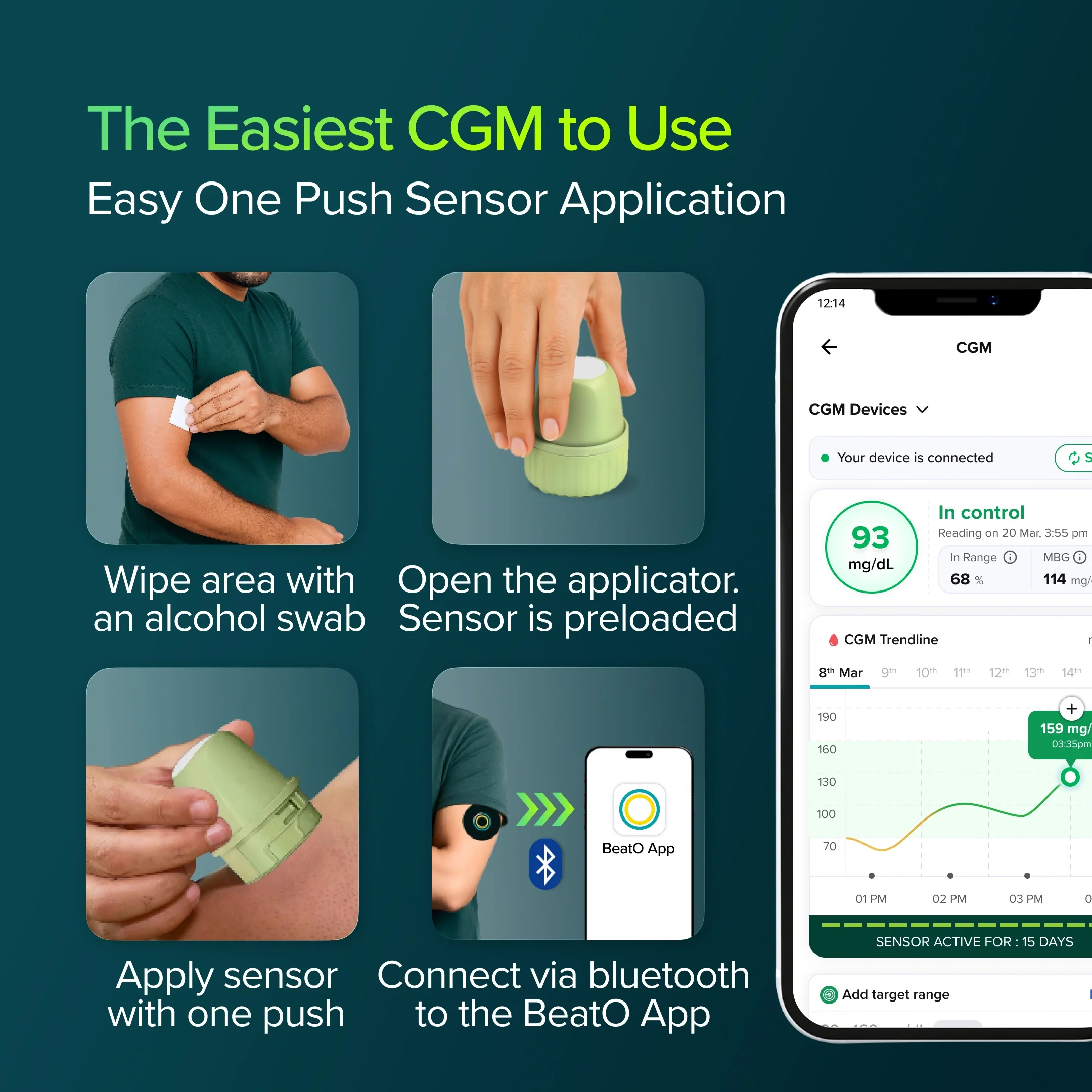 BeatO CGM Glucose Monitor for diabetes | Bluetooth Connected CGM Sugar Test Machine for home | 15-Day Glucose Tracking | No-Scan, One-Push Application - Image 7