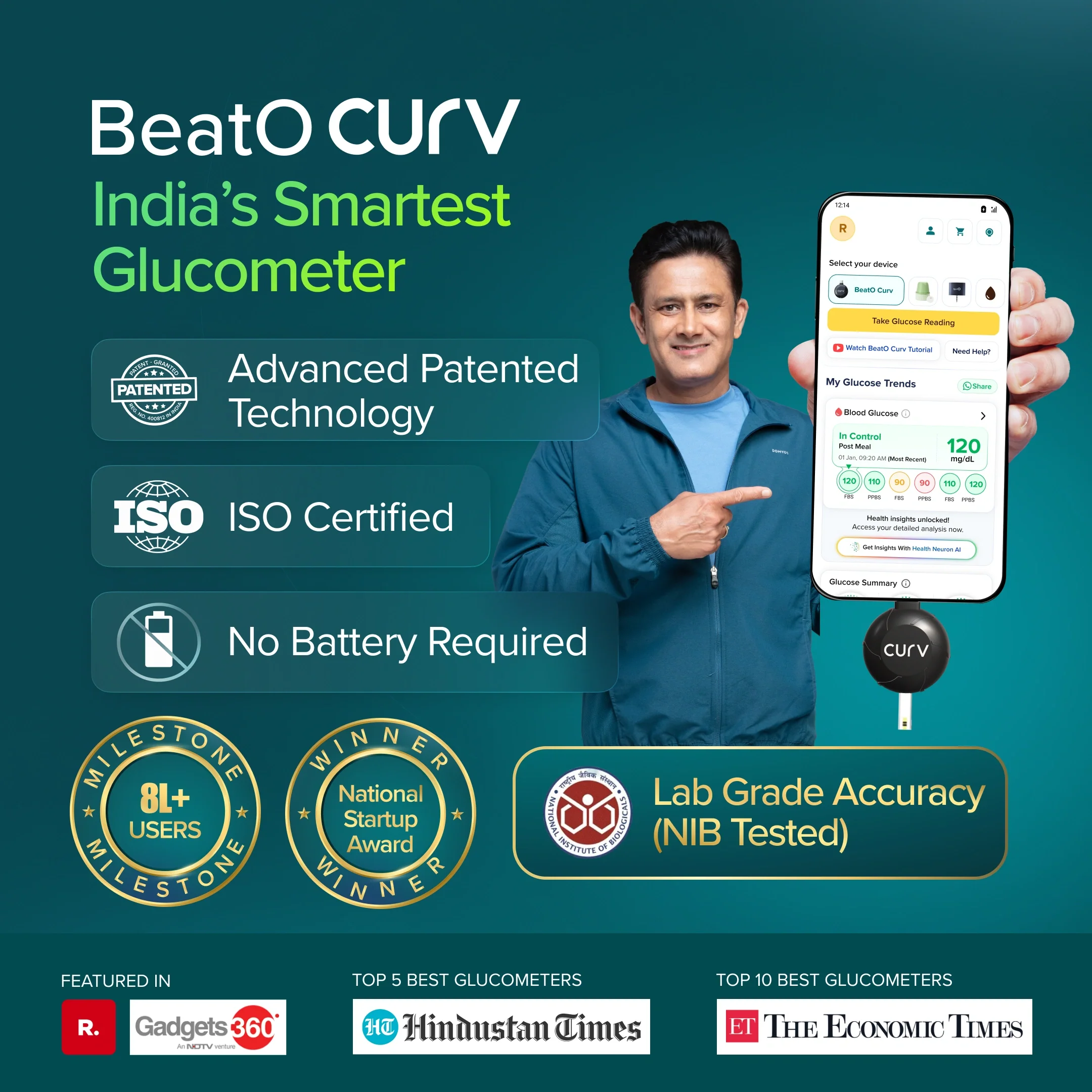 BeatO CGM with BeatO CURV Glucometer FREE 25Strips & 25Lancets Type-C USB Connector | Android Only - Image 3