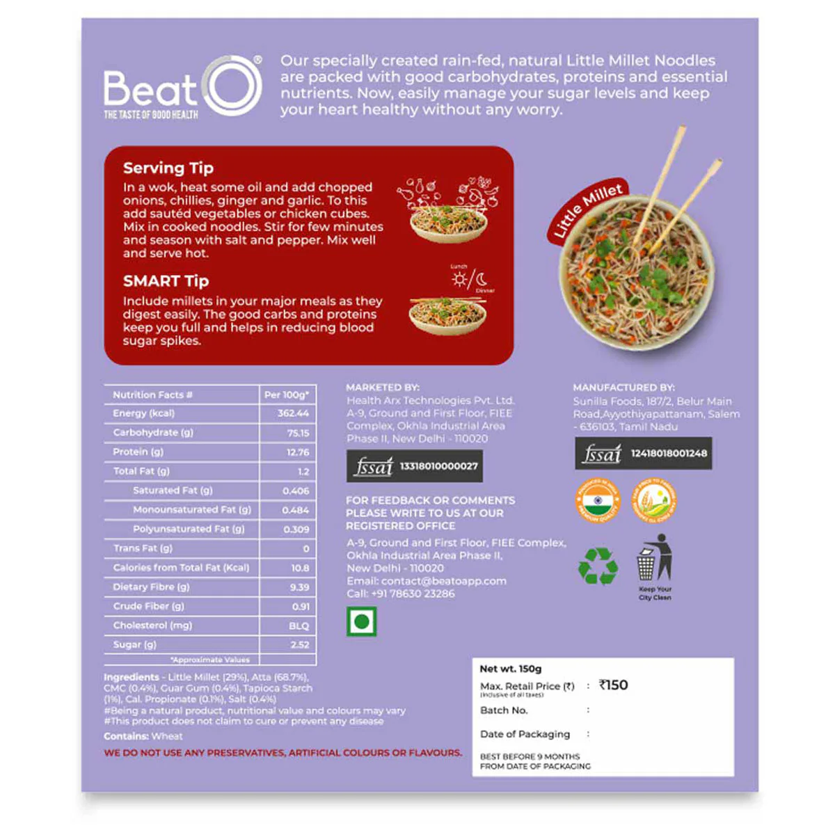 BeatO Little Millet Noodles Diabetic Friendly Cholesterol Free - 150 g - Image 3