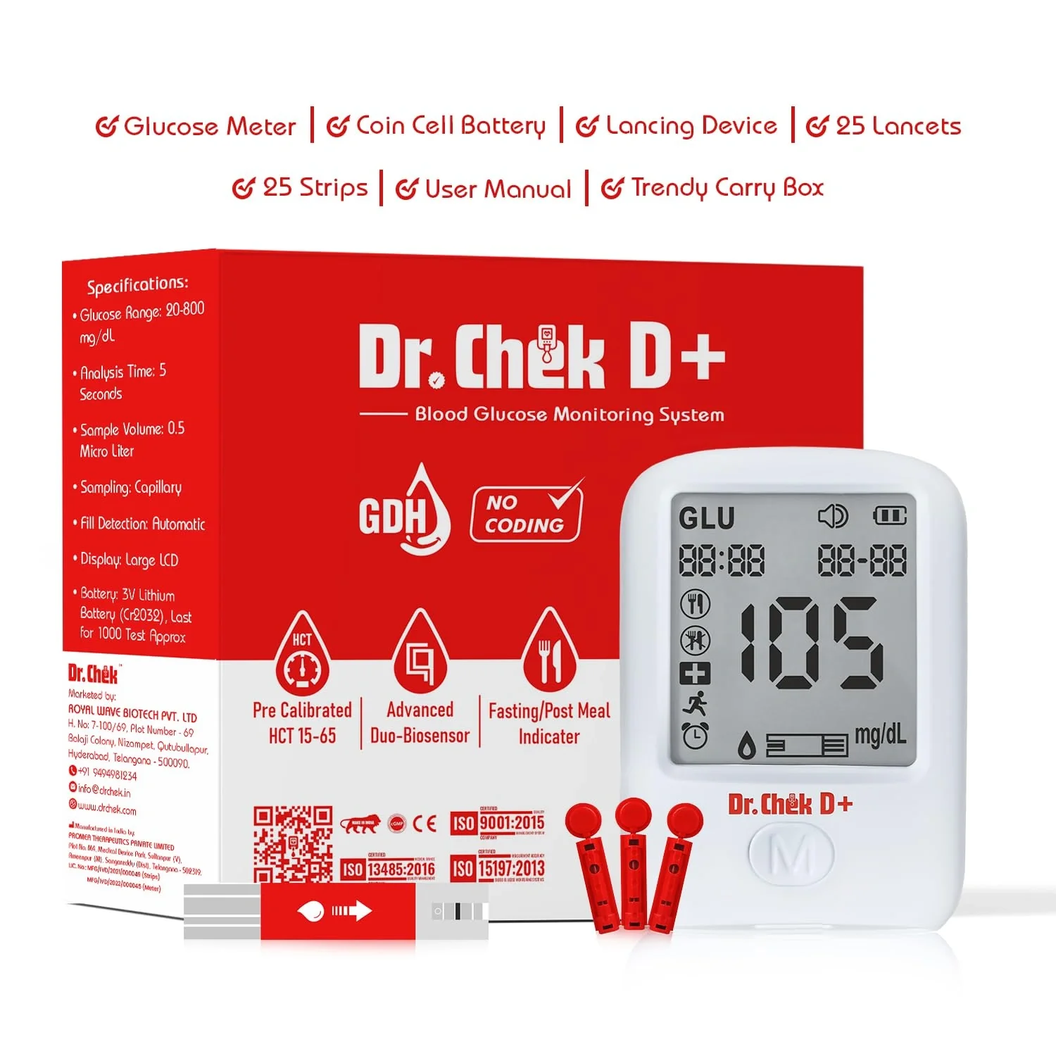Dr. Chek D+ Blood Glucose Meter Kit (25 Strips 25 Lancets) | Glucometer Monitoring Device - Image 3