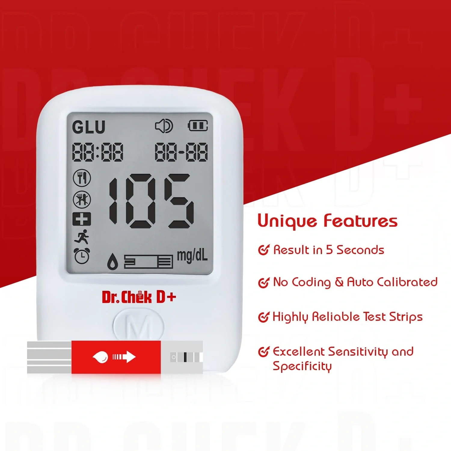 Dr. Chek D+ Blood Glucose Meter Kit (25 Strips 25 Lancets) | Glucometer Monitoring Device - Image 5