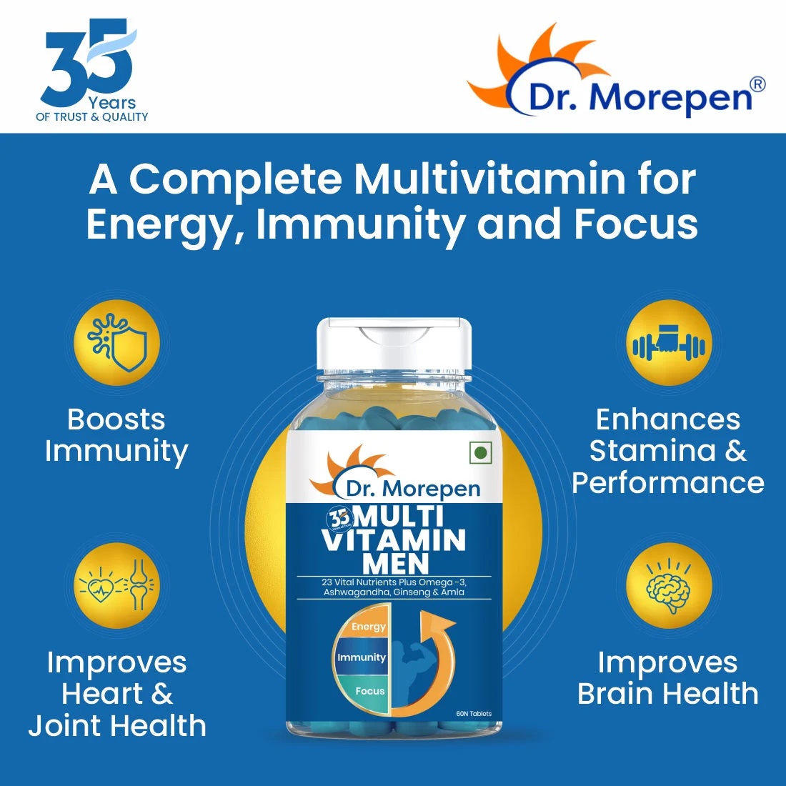 Dr. Morepen Multivitamins For Men With Omega 3 & Herbs | Energy & Immunity Booster Supplement - 60 Veg Tablets - Image 3
