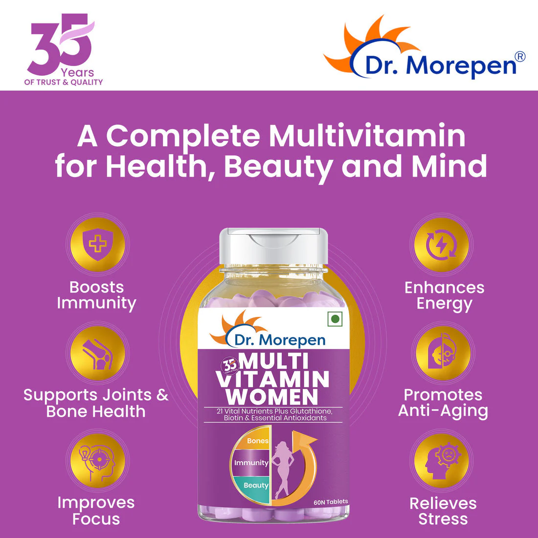 Dr. Morepen Multivitamins For Women With Calcium & Herbal Extracts | Energy & Immunity Booster Supplement - 60 Veg Tablets - Image 4