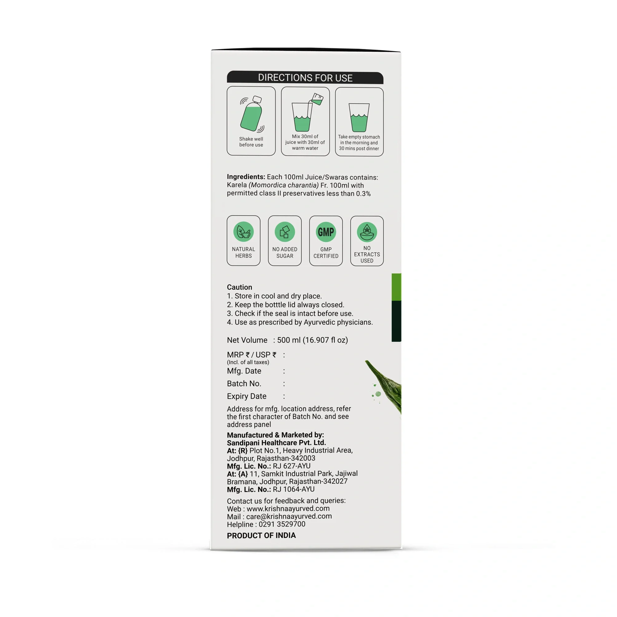 Krishna's Herbal & Ayurveda Karela Juice| Fresh Karela | Ayurevedic Formulation to maintain Sugar Level | Enriched with Vitamin C - Vitamin A| Sugar free Juice with No Added Color or Flavour - 500 ml - Image 7